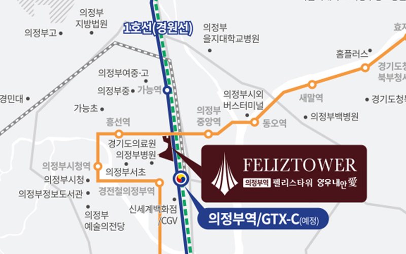위치도 확대, 현장과 의정부역 서쪽의 의정부서초·가능초·의정부중·의정부여중고